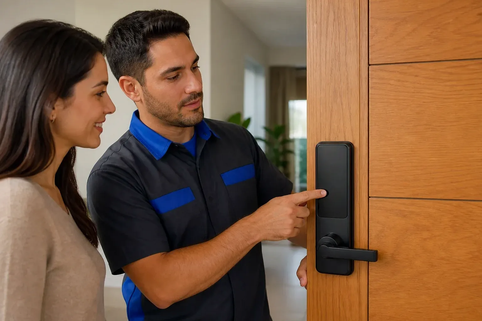Chaveiro instalando uma fechadura digital em um ambiente residencial em Franca.