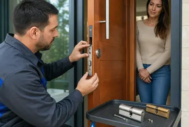 Chaveiro instalando uma nova fechadura em uma porta em Franca.